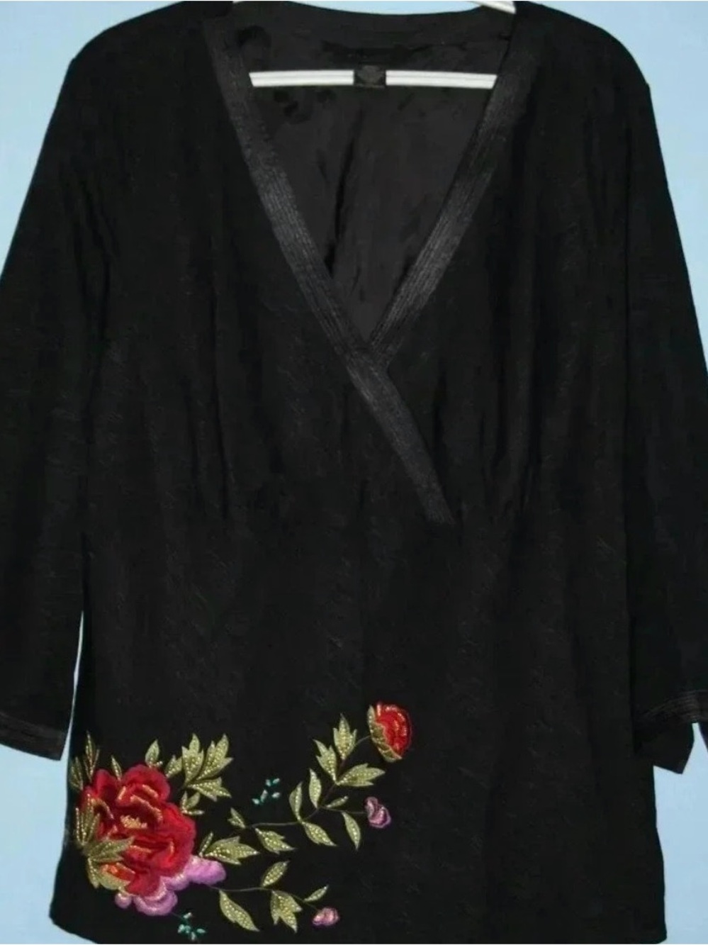 SilkLand Black V-Neck Tunic with Floral Embroidery